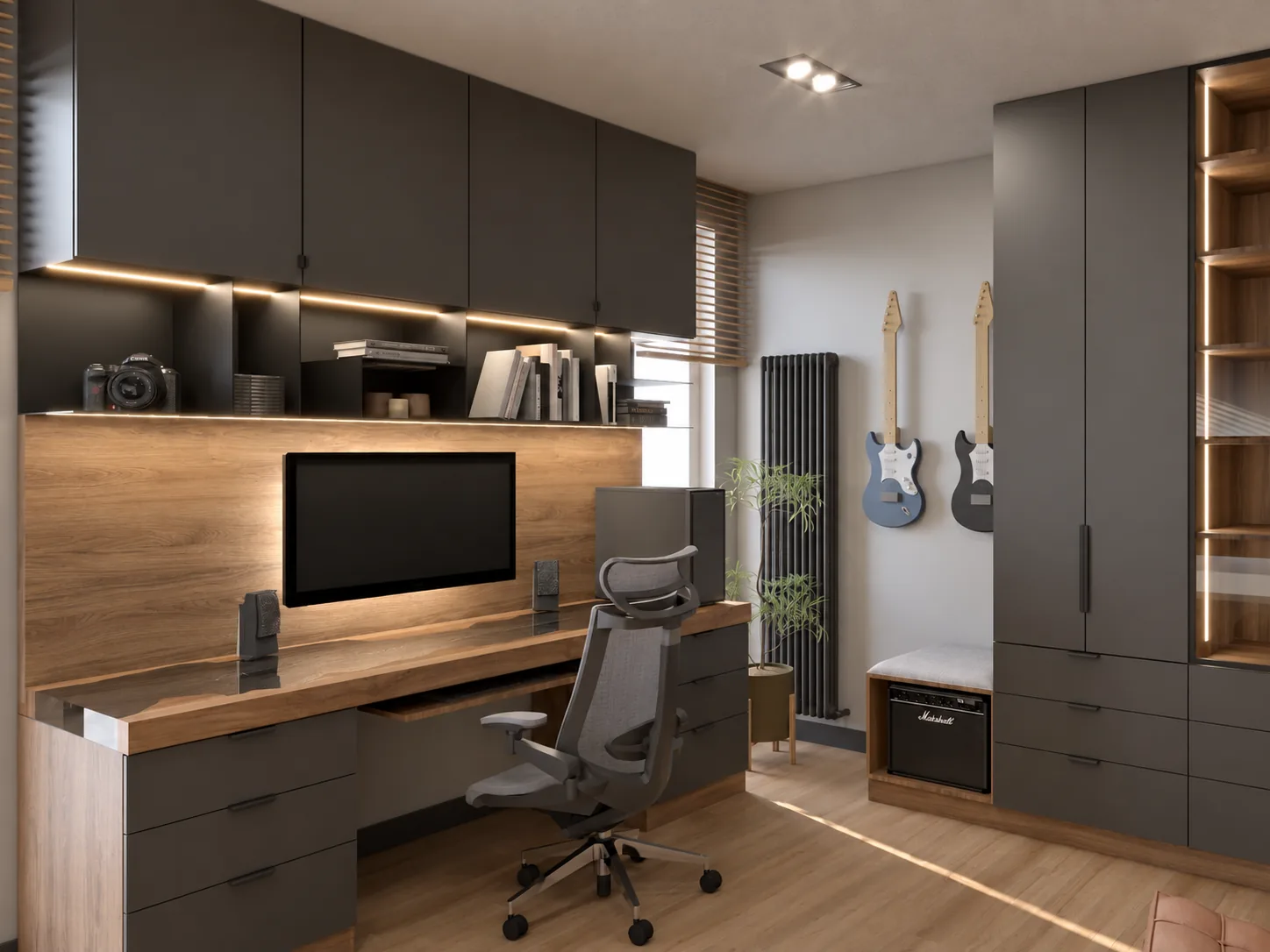 Gabinet z drewnianym biurkiem, ciemną zabudową i gitarami, projekt wnętrza domu w Kielcach
