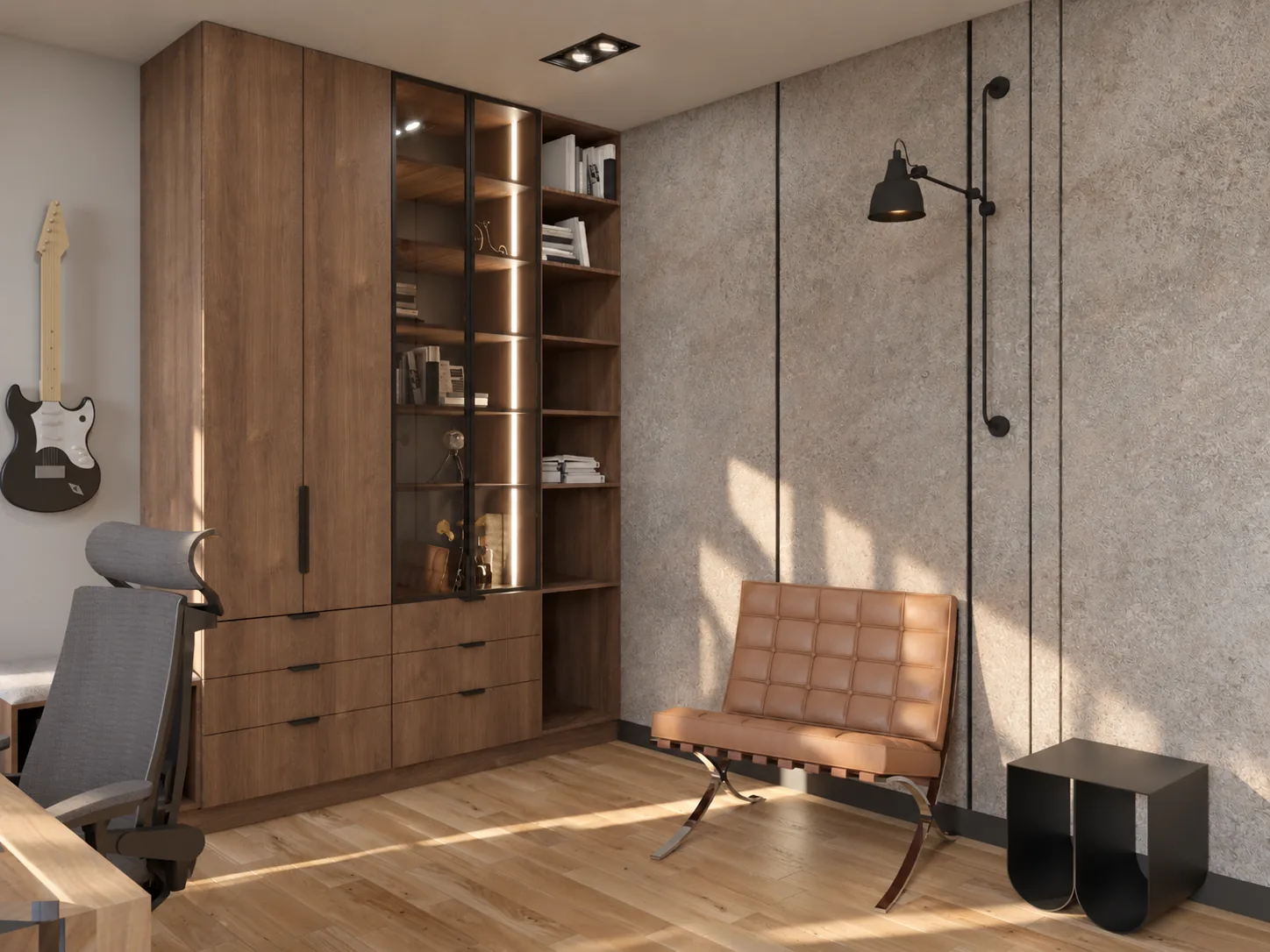 Gabinet z drewnianym regałem, gitarą i skórzanym fotelem, projekt wnętrza domu w Kielcach