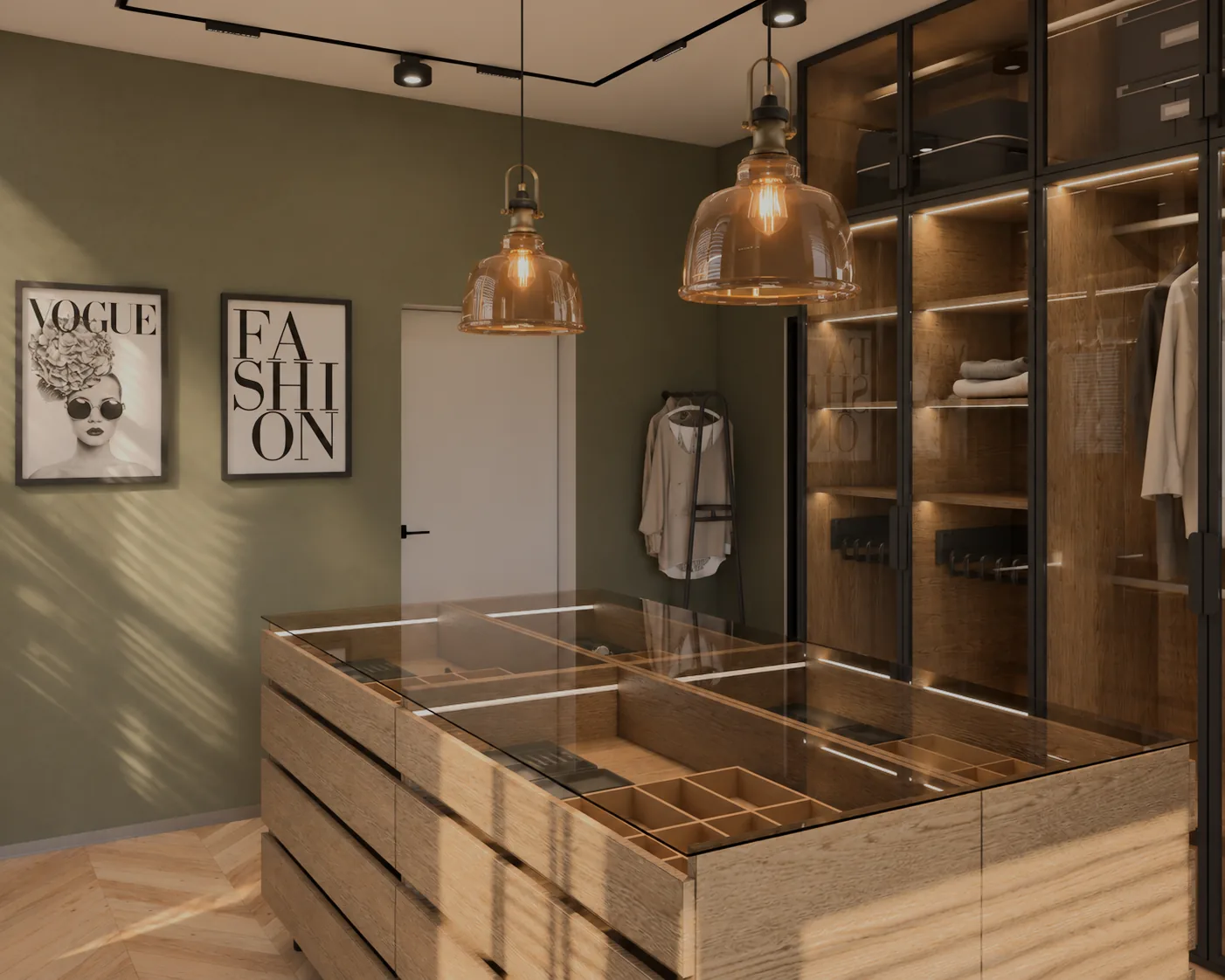 Garderoba z przeszkloną wyspą i grafikami, projekt wnętrza domu w Kielcach