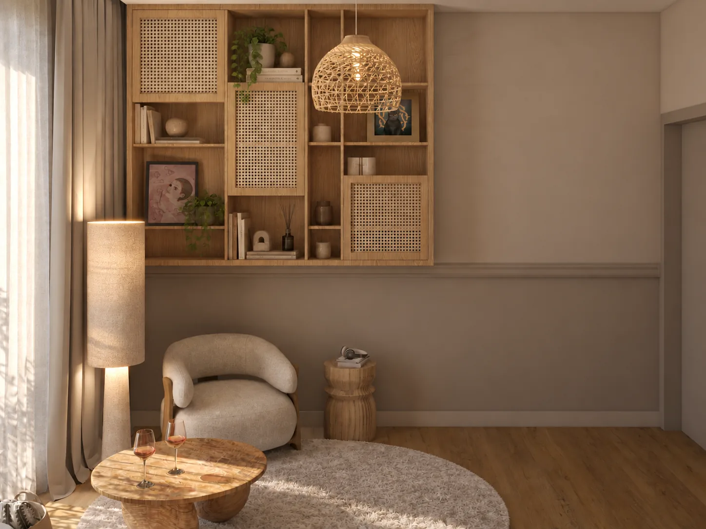 Pokój relaksu z rattanową zabudową, fotelem i lampą, projekt wnętrza domu w Kielcach
