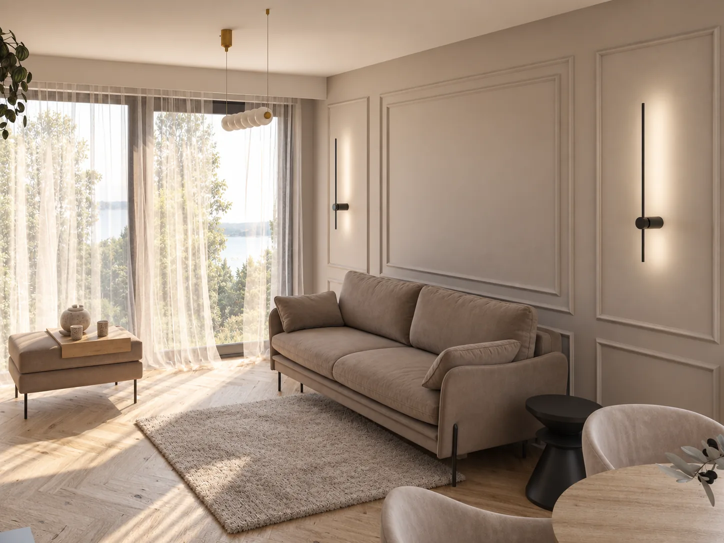 Salon w stylu modern classic ze sztukaterią i widokiem za oknem, projekt wnętrza domu w Mójczej pod Kielcami