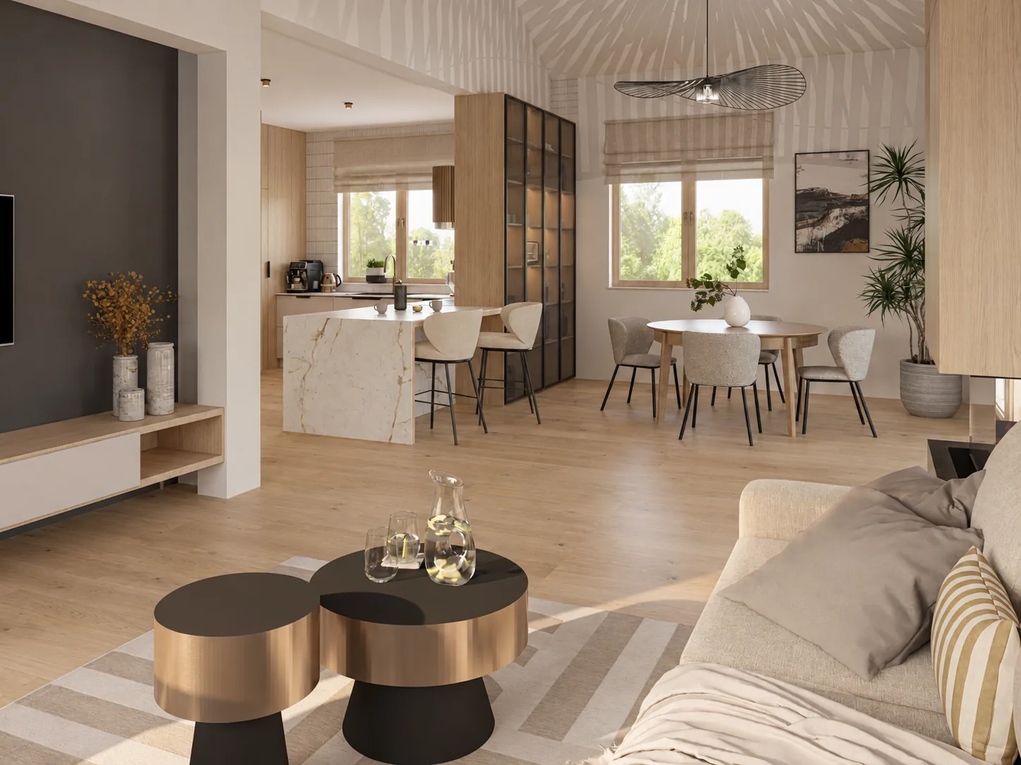Otwarty salon z jadalnią i kuchnią w tle oraz mosiężnymi stolikami, projekt wnętrza domu pod Kielcami (koncepcja I)