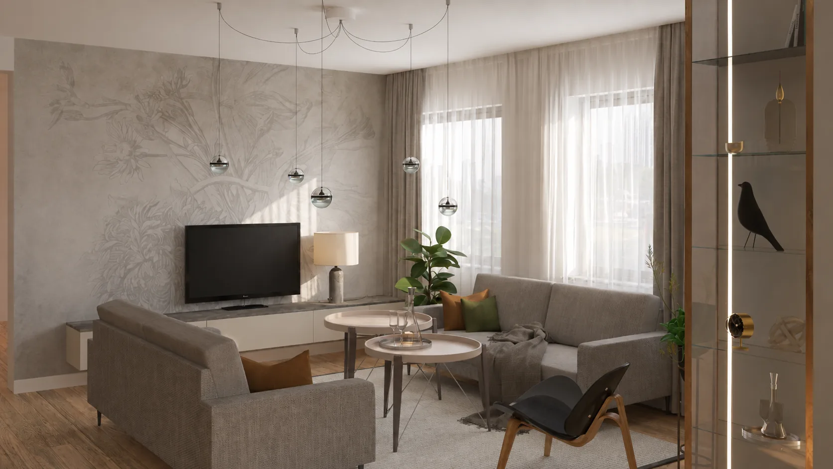 Salon z sofą, telewizorem i witryną z orzecha, projekt wnętrza mieszkania w Krakowie