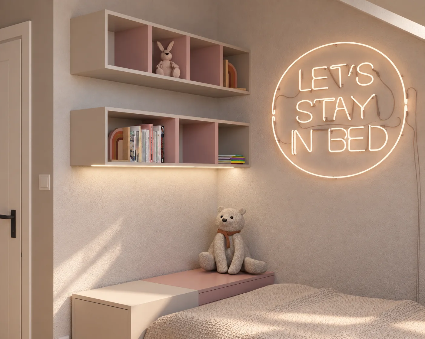 Neon Let's stay in bed nad łóżkiem i półki w różu, projekt poddasza w Strawczynie pod Kielcami