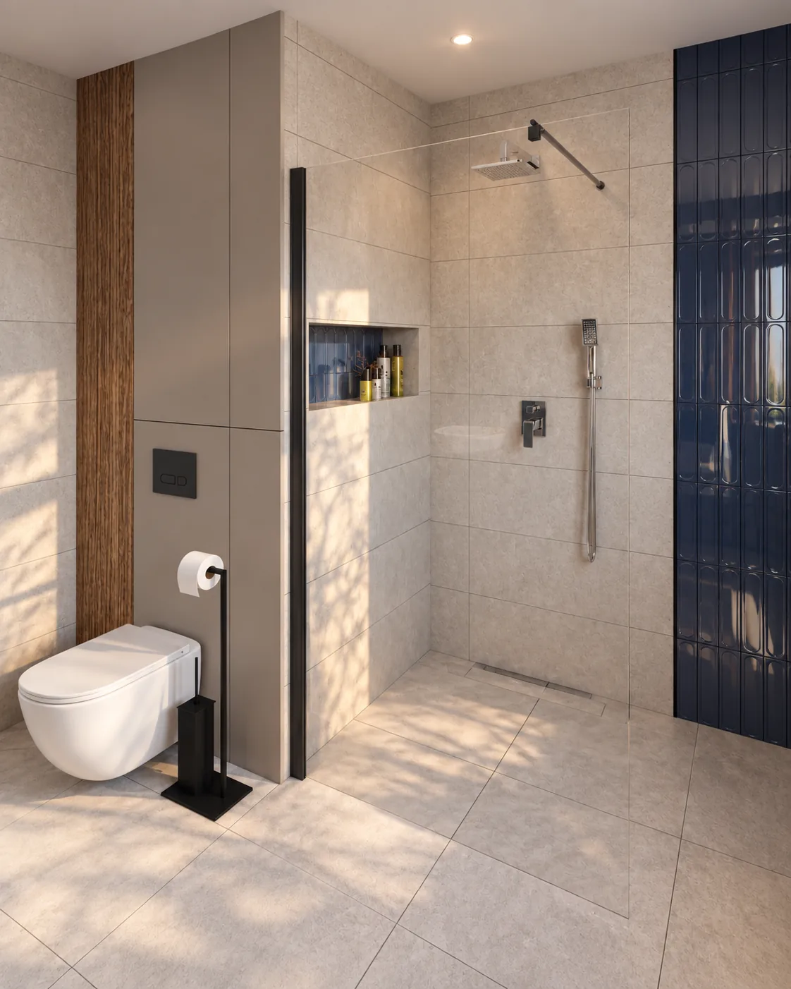 Prysznic walk-in z wnęką i podwieszane WC, projekt poddasza w Zagnańsku pod Kielcami